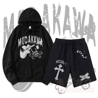 MODAKAWA Gitarrenschädel-Motiv-Pullover-Hoodie und Shorts mit Kreuzbandagen-Motiv und Kordelzug, zweiteiliges Set - Schwarz - 2XL - image 3