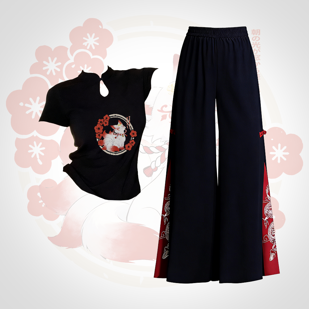 Zweiteiliges Set aus Modakawa-Kleidung mit neunschwänzigem Fuchs-Motiv und bestickter, ethnisch anmutender Hose mit weitem Bein - Set B - L - image 2