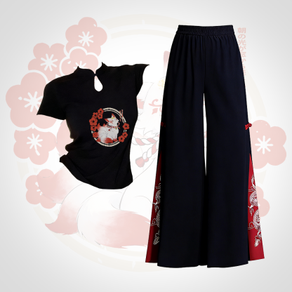 Zweiteiliges Set aus Modakawa-Kleidung mit neunschwänzigem Fuchs-Motiv und bestickter, ethnisch anmutender Hose mit weitem Bein - Set B - L - image 2