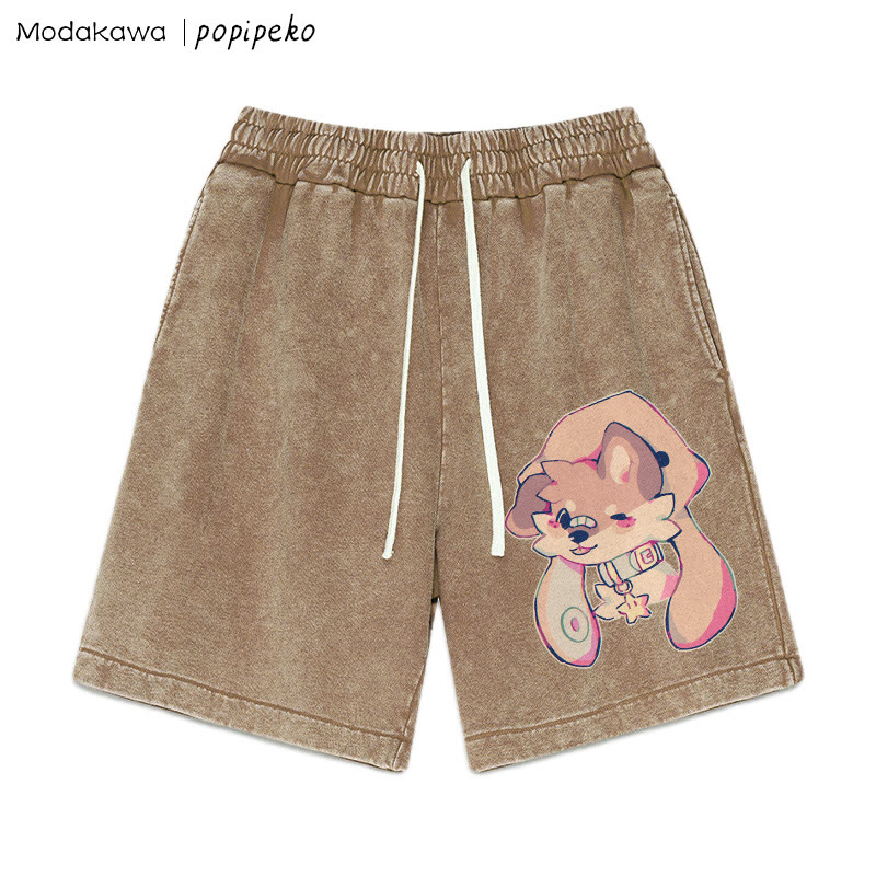 MODAKAWA X popipeko – Shorts im Vintage-Waschdesign mit Welpen-Print - Brown - 3XL - image 3