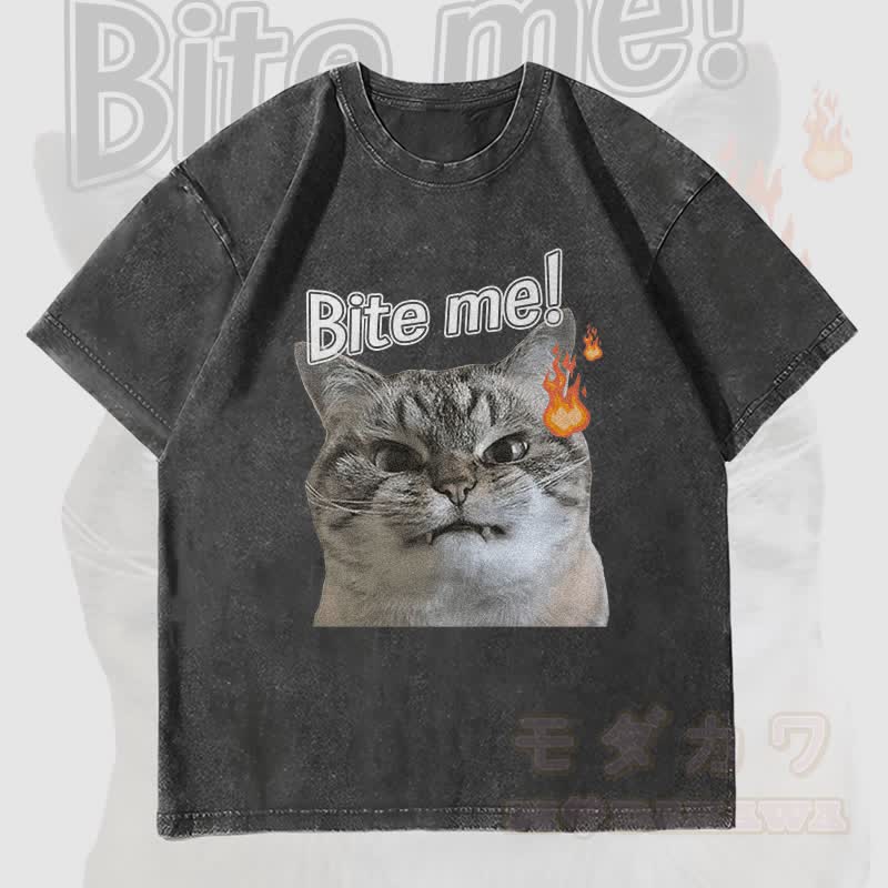 MODAKAWA BITE ME Wütende Katze Grafik Unisex Vintage Washed T-Shirt - Schwarz - 4XL - image 4