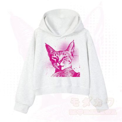 MODAKAWA Vintage Kapuzenpullover mit Katzenprint, kurz geschnitten   - Hellgrau A - 3XL - image 11