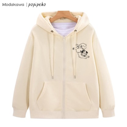 Verspieltes Kapuzenpullover mit Reißverschluss und Welpen-Grafik - Aprikose - 5XL - image 3