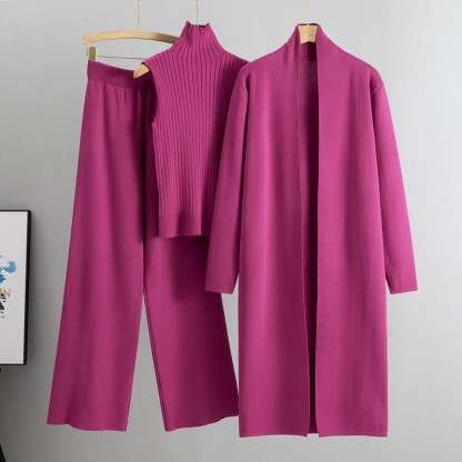 Dreiteiliges Set aus Strickweste, Strickjacke und Hose mit weitem Bein - Rosenrot - One Size - image 8