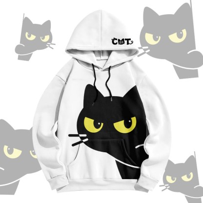 MODAKAWA Pullover-Hoodie mit verspieltem Allover-Print einer schwarzen Katze - White - 5XL - image 3