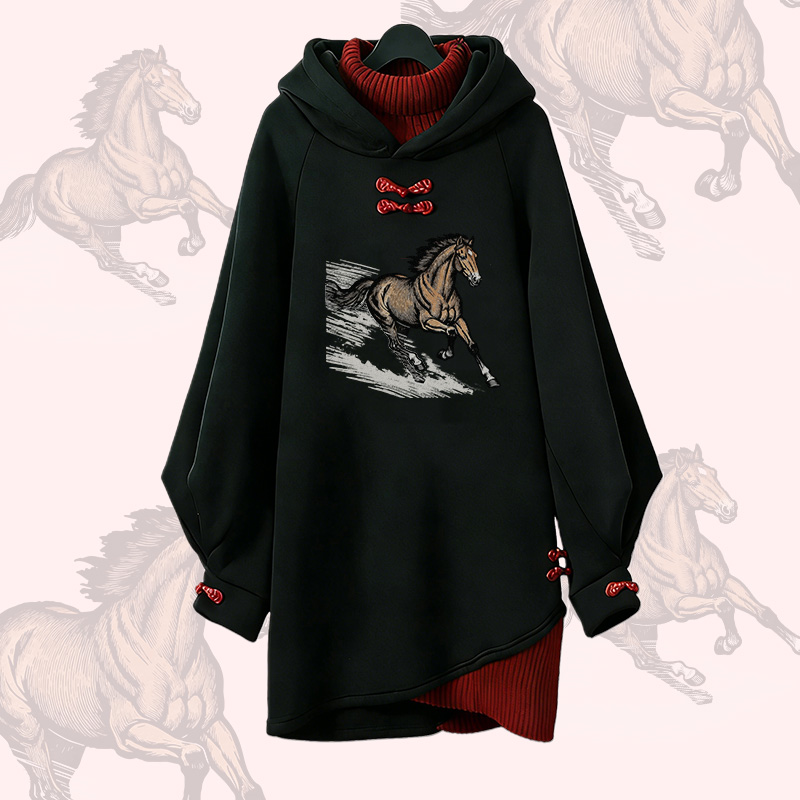 Vintage Kapuzenpullover mit Motiv eines galoppierenden Pferdes, Modakawa-Schnalle - Red - 3XL - image 3