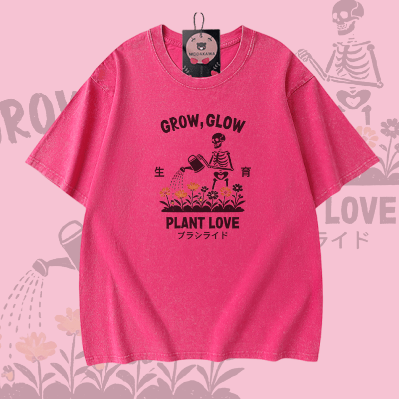 GROW GLOW Skelett-Grafik Modakawa Vintage Washed 100% Baumwoll-T-Shirt - Rose Red - 5XL - image 4