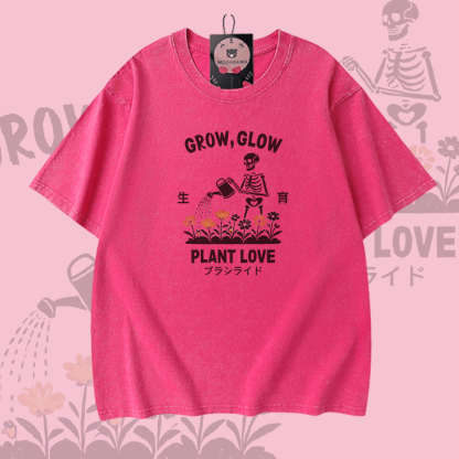 GROW GLOW Skelett-Grafik Modakawa Vintage Washed 100% Baumwoll-T-Shirt - Rose Red - 5XL - image 4