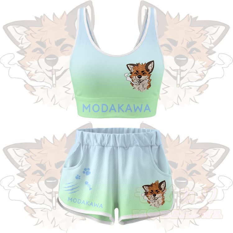 MODAKAWA X atka Smoking Fox Graphic Crop Tank Tank Sport Top Shorts Bikini Matching Outfit - Grünes Set - 5XL - image 11