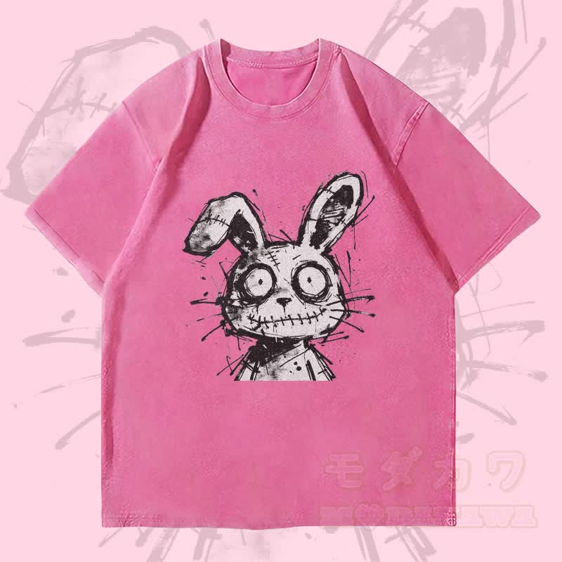 MODAKAWA Unisex-T-Shirt mit gesticktem Hasenmotiv im Vintage-Stil - Rosenrot - 4XL - image 3