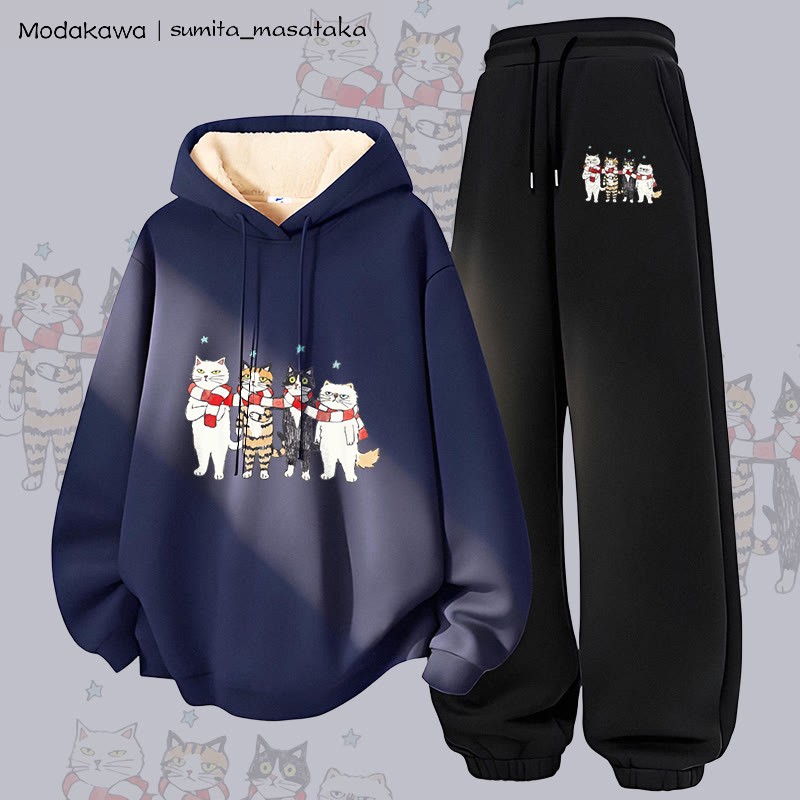 MODAKAWA X sumita_masataka Schal Sharing Katzen-Grafik Dickes Fleece-gefütterte Kapuzenpullover-Hose Zweiteiliges Set - Purplish Blue&Black - 5XL - image 3