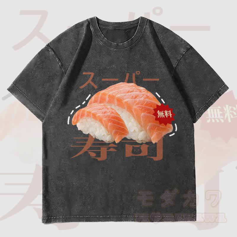 MODAKAWA Japanisches Sushi Grafik Unisex Vintage Washed T-Shirt - Schwarz - 4XL - image 4