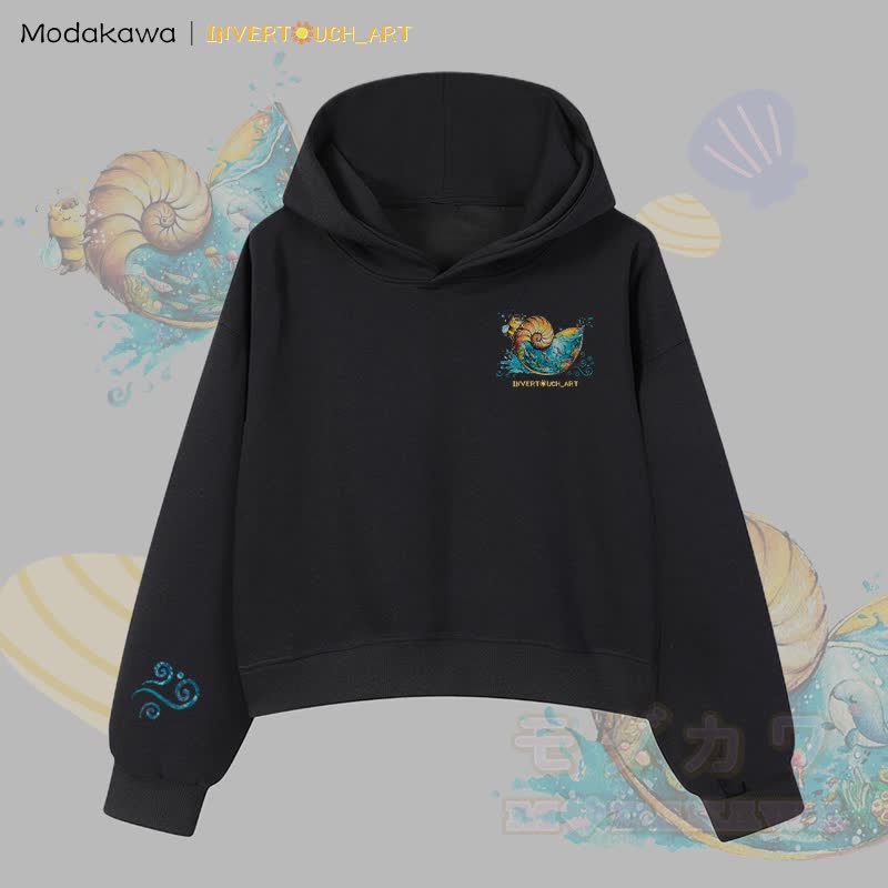 MODAKAWA X INVERTOUCH_ART Ocean Shell Bee Graphic Modakawa Cropped Cotton Hoodie - Black C - 3XL - image 6