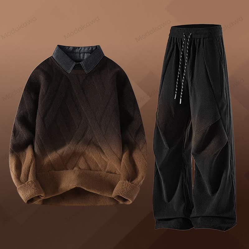 Zweiteiliger Pullover in Strickoptik mit Lagenlook und Cordhose - Set H - 3XL - image 8