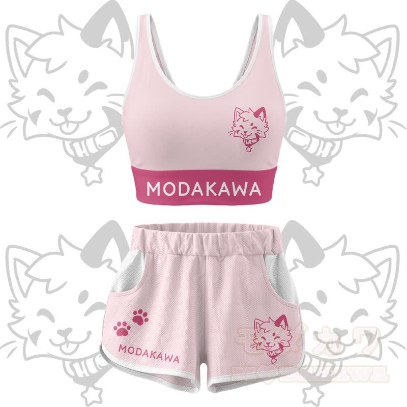 Kitty Graphic Crop Tank Sport Top Shorts Bikini Modakawa Matching Outfit - Rosa Set - 4XL - image 15