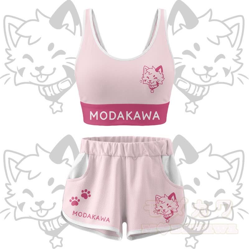 Kitty Graphic Crop Tank Sport Top Shorts Bikini Modakawa Matching Outfit - Rosa Set - 4XL - image 15