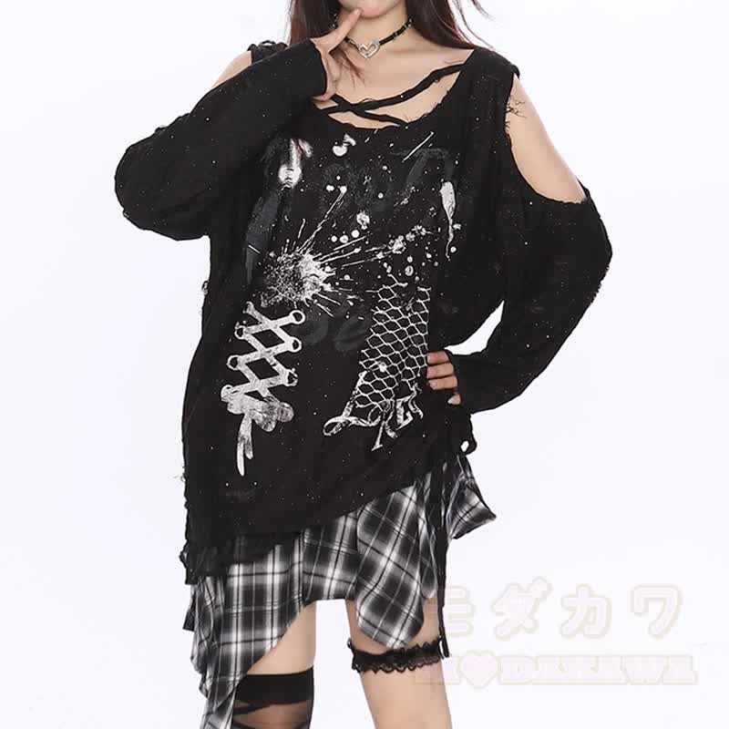 Y2K Langarmshirt mit Graffiti-Print und Cut-outs, schulterfrei - image 7
