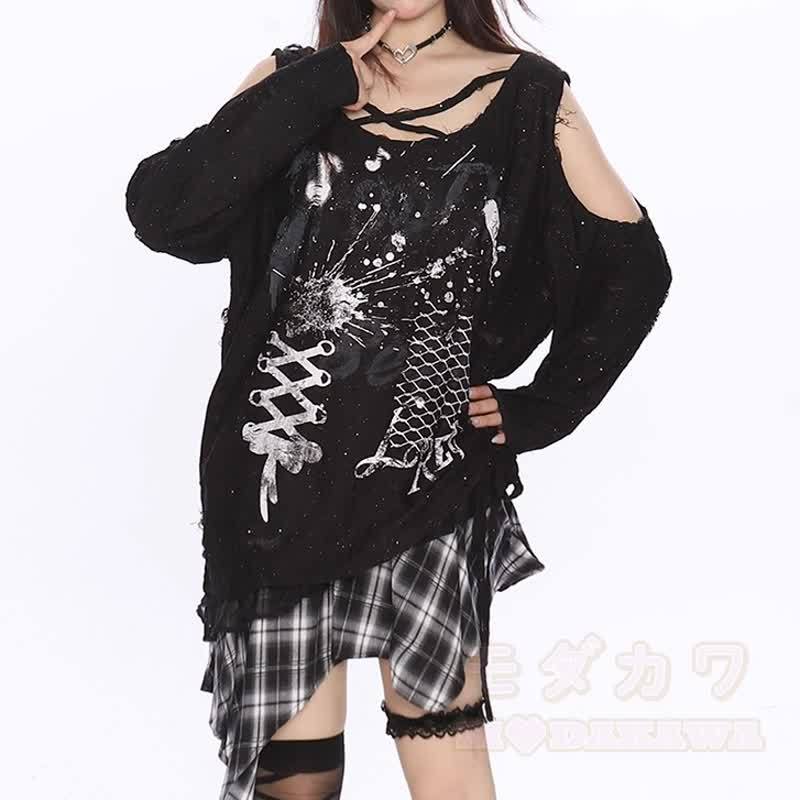 Y2K Langarmshirt mit Graffiti-Print und Cut-outs, schulterfrei - image 7
