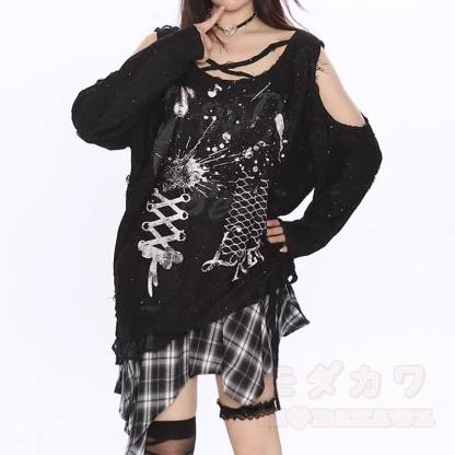 Y2K Langarmshirt mit Graffiti-Print und Cut-outs, schulterfrei - image 7