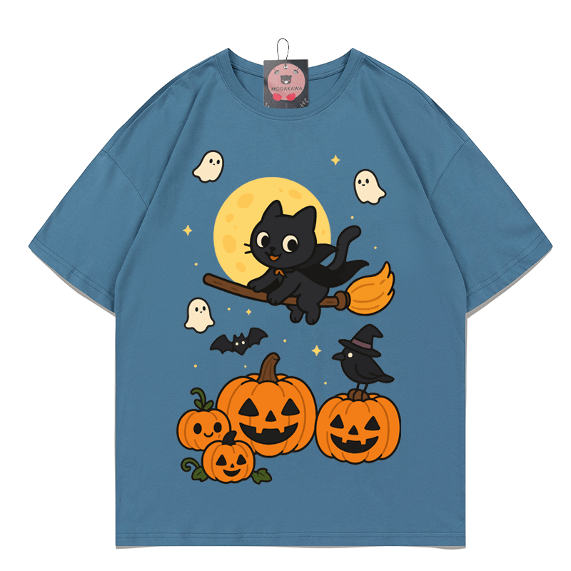 Purranormal Fliegende Katze Hexe Halloween Grafik T-Shirt - Dark Dusty Blue - 5XL - image 8