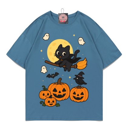 Purranormal Fliegende Katze Hexe Halloween Grafik T-Shirt - Dark Dusty Blue - 5XL - image 8