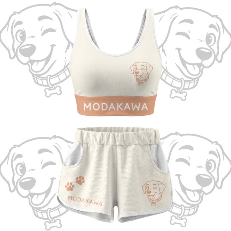 Happy Puppy Grafik-Crop-Tanktop, Sport-Top, Shorts, Bikini, Modakawa passendes Outfit - Beige Set - 5XL - image 13