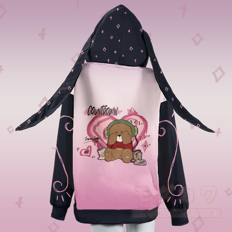 MODAKAWA Hoodie mit Farbverlauf, Bärenmotiv, Reißverschluss und langen Hasenohren, Augenabdeckung, Bärenmotiv, Reißverschluss - image 3