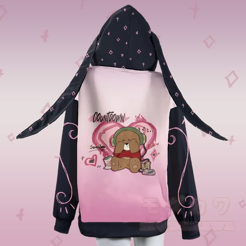 MODAKAWA Hoodie mit Farbverlauf, Bärenmotiv, Reißverschluss und langen Hasenohren, Augenabdeckung, Bärenmotiv, Reißverschluss - image 3