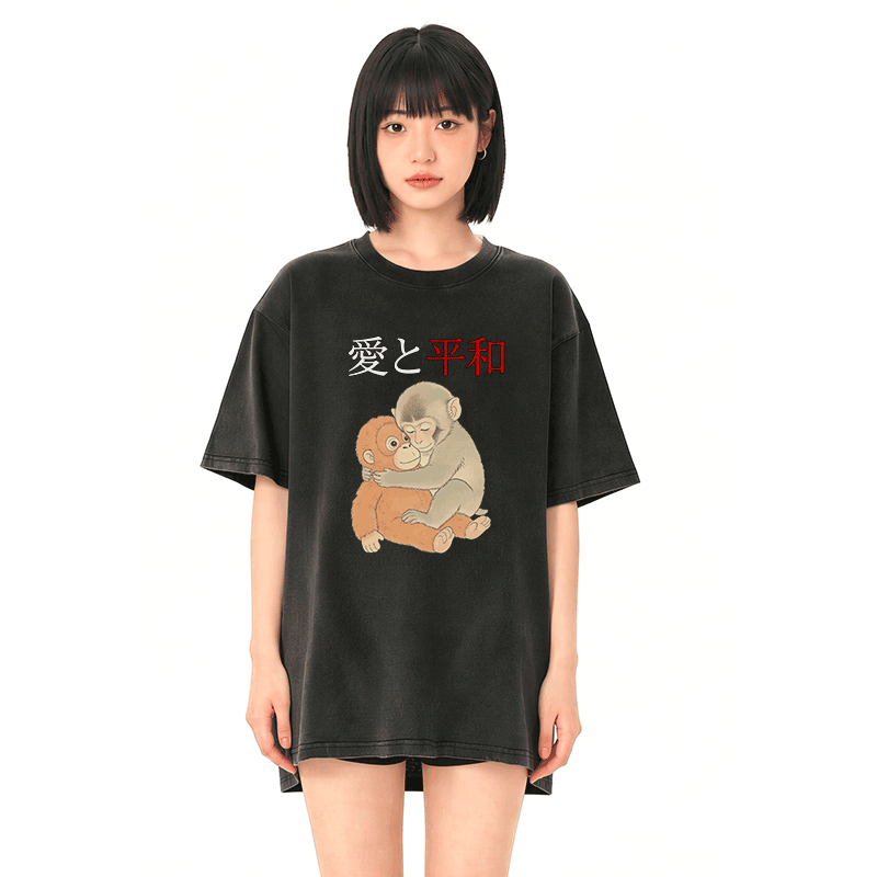 Peace Love Hugging PUNCH Monkey Graphic Modakawa Vintage Washed 100% Cotton T-Shirt - image 2
