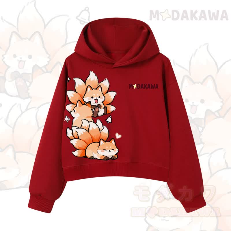 MODAKAWA Cropped Cotton Hoodie mit niedlichem Fuchs-Motiv - Rot - 3XL - image 12