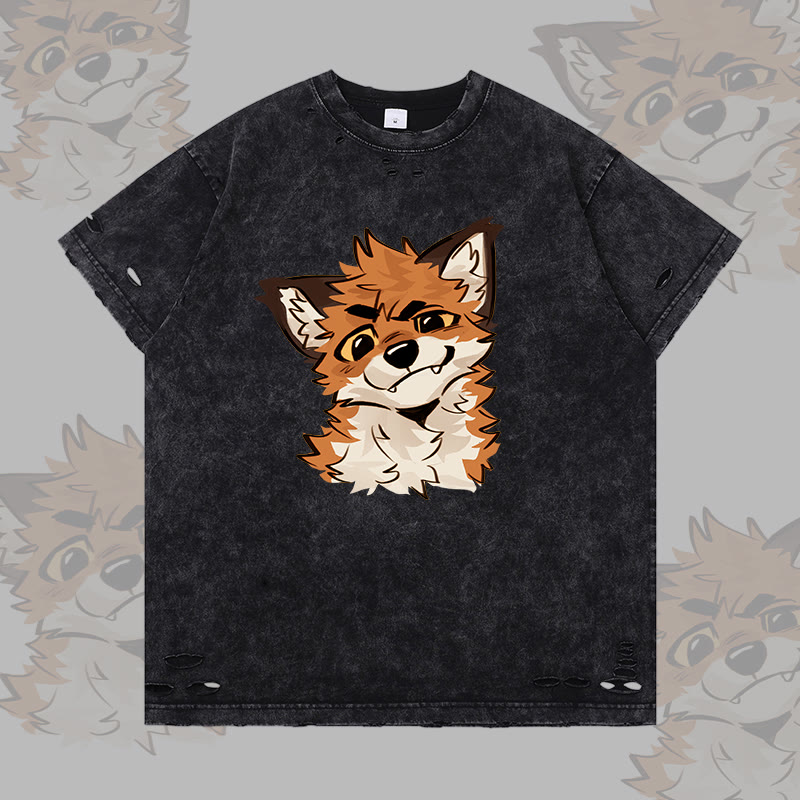 MODAKAWA X atka Lustiges Fuchs-Grafik-T-Shirt mit Rissen - Black - 2XL - image 2