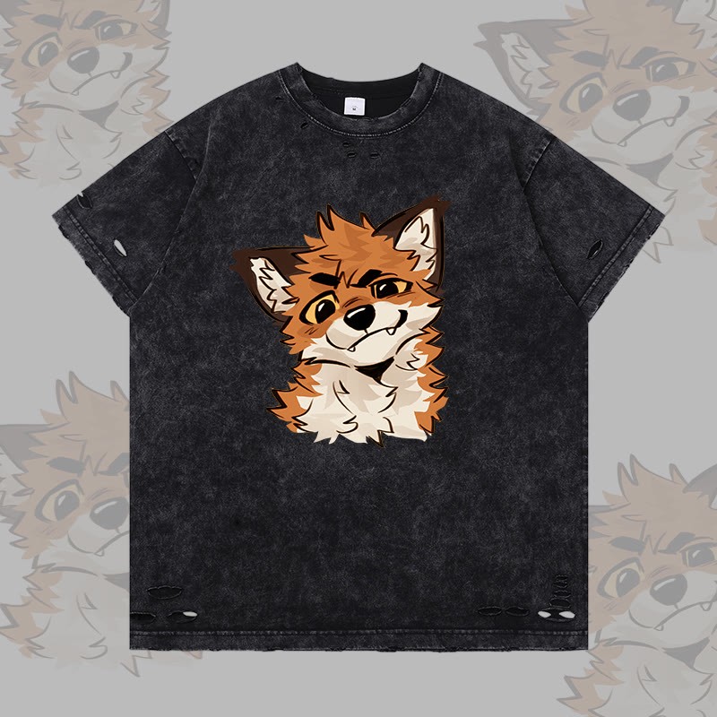 MODAKAWA X atka Lustiges Fuchs-Grafik-T-Shirt mit Rissen - Black - 2XL - image 2