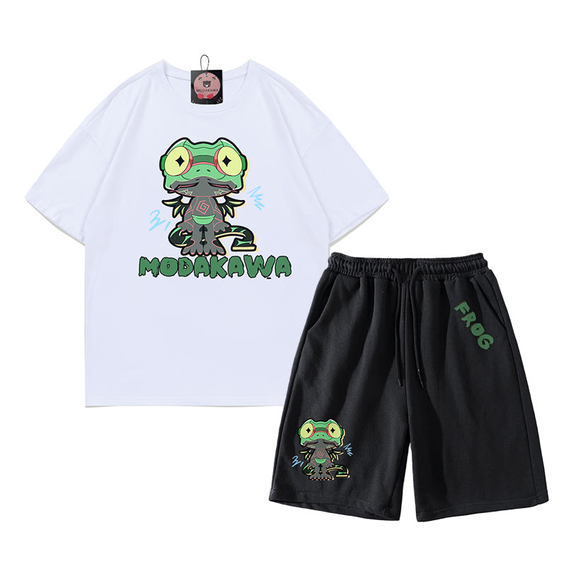 Lustiges T-Shirt mit Frosch-Grafik und dunkler Ästhetik, zweiteiliges Set - Weiß&Schwarz - A - 5XL - image 10