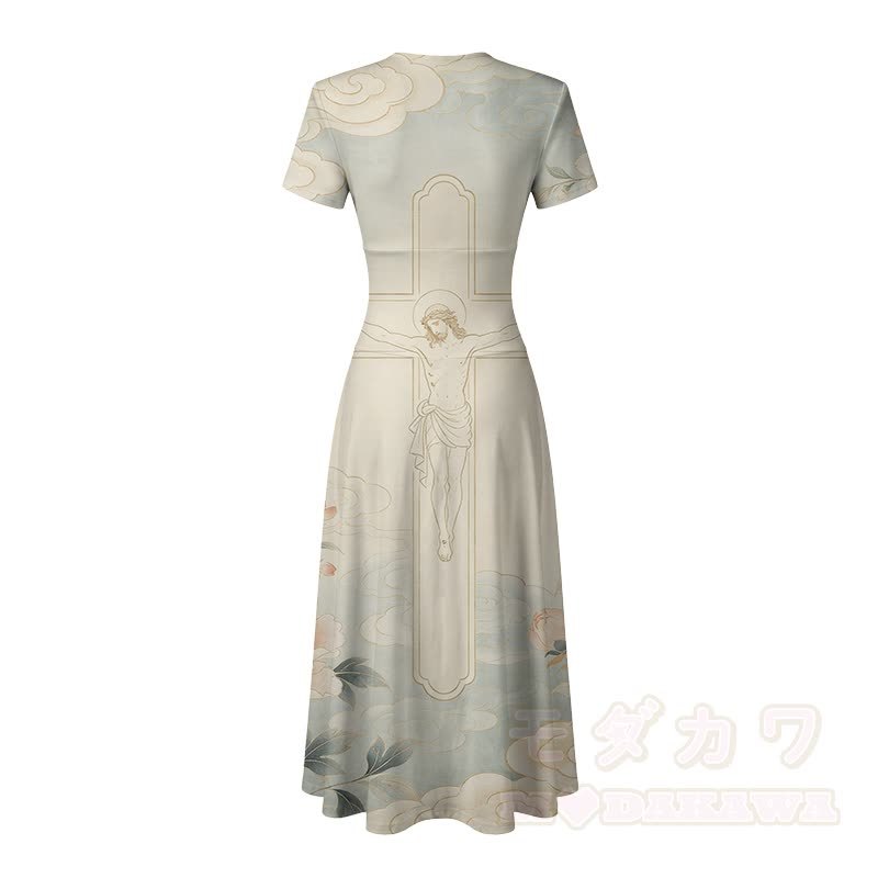 Vintage Figure Cross Graphic Modakawa V-neck Maxi Dress - image 4