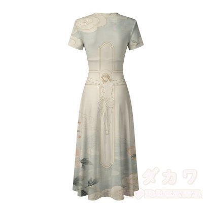 Vintage Figure Cross Graphic Modakawa V-neck Maxi Dress - image 4