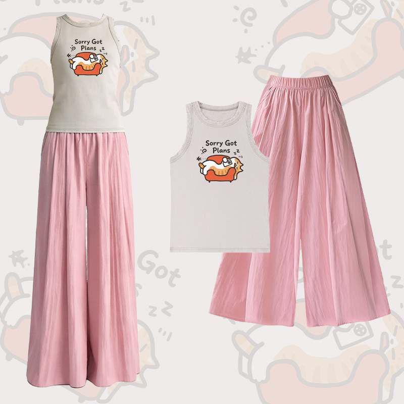 SORRY GOT PLANS Katzenmotiv Vintage Washed Ärmelloses T-Shirt Weite Hose Modakawa Zweiteiliges Set - Set B - L - image 2