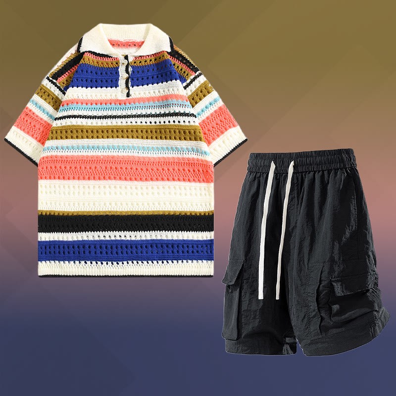 Gestreiftes Poloshirt aus offenem Strick, schnelltrocknende Cargoshorts mit Kordelzug, passendes Outfit von Modakawa - Two Pieces Set C - 2XL - image 3