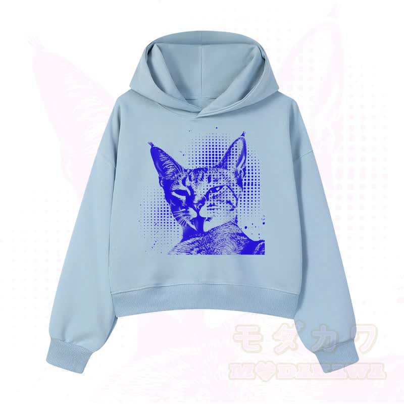 MODAKAWA Vintage Kapuzenpullover mit Katzenprint, kurz geschnitten   - Blau B - 3XL - image 8