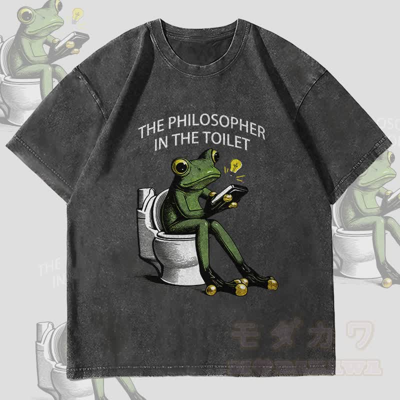 MODAKAWA DER PHILOSOPH AUF DER TOILETTE Frosch-Grafik Unisex Vintage Washed T-Shirt - Schwarz - 4XL - image 4