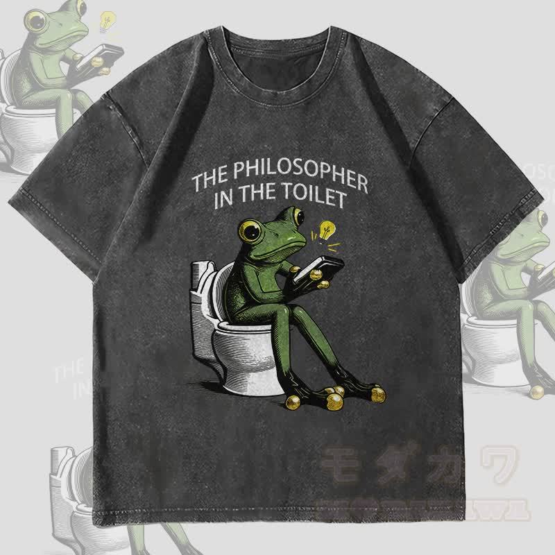 MODAKAWA DER PHILOSOPH AUF DER TOILETTE Frosch-Grafik Unisex Vintage Washed T-Shirt - Schwarz - 4XL - image 4