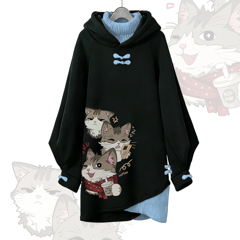 Verspieltes Katzenmotiv Modakawa Schnalle Vintage Kapuzenpullover Kleid - Blue - 3XL - image 2