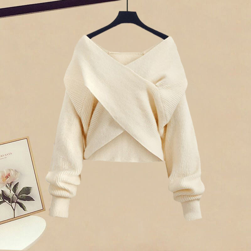 Schwarzes Oberteil mit Kreuzstrickmuster, dazu passende Hose und Rock mit weitem Bein - Sweater - XL - image 2