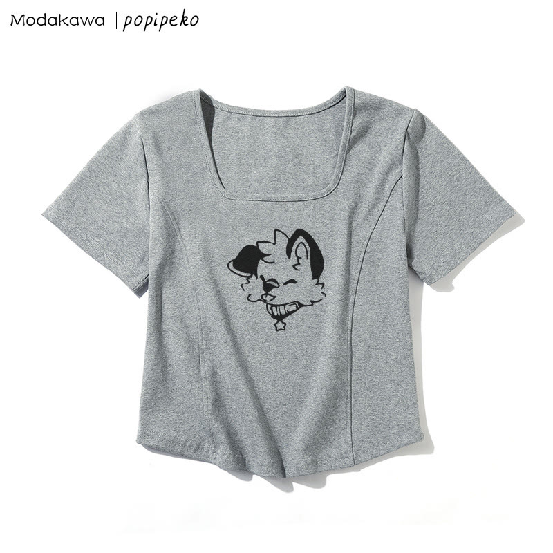 T-Shirt mit quadratischem Ausschnitt und Welpen-Grafik - Grau - One Size - image 6