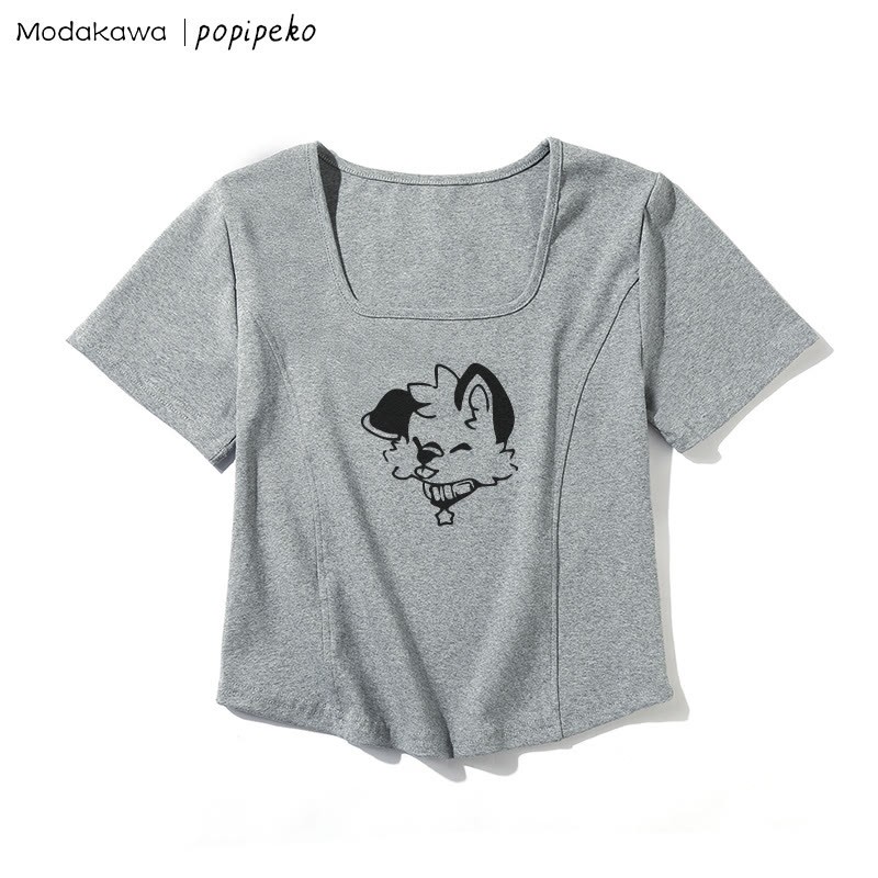 T-Shirt mit quadratischem Ausschnitt und Welpen-Grafik - Grau - One Size - image 6