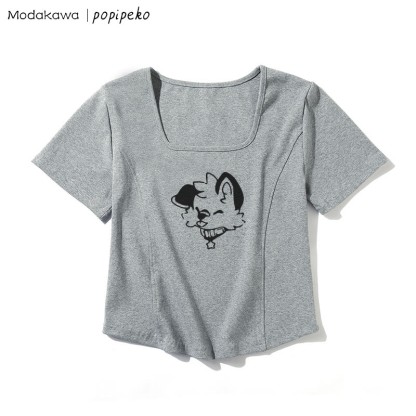 T-Shirt mit quadratischem Ausschnitt und Welpen-Grafik - Grau - One Size - image 6