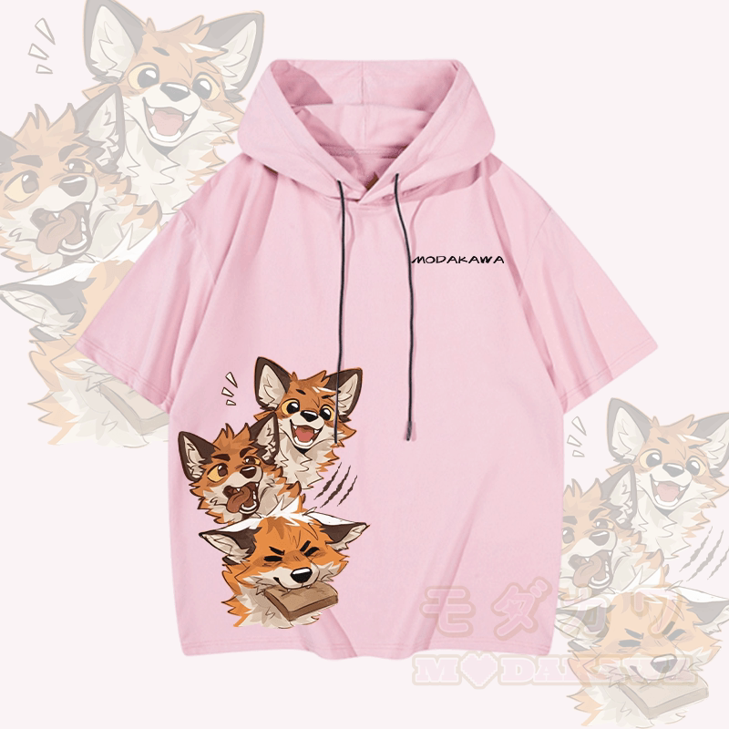 MODAKAWA X atka Funny Fox Graphic Kurzarm-Hoodie - Rosa - 3XL - image 4