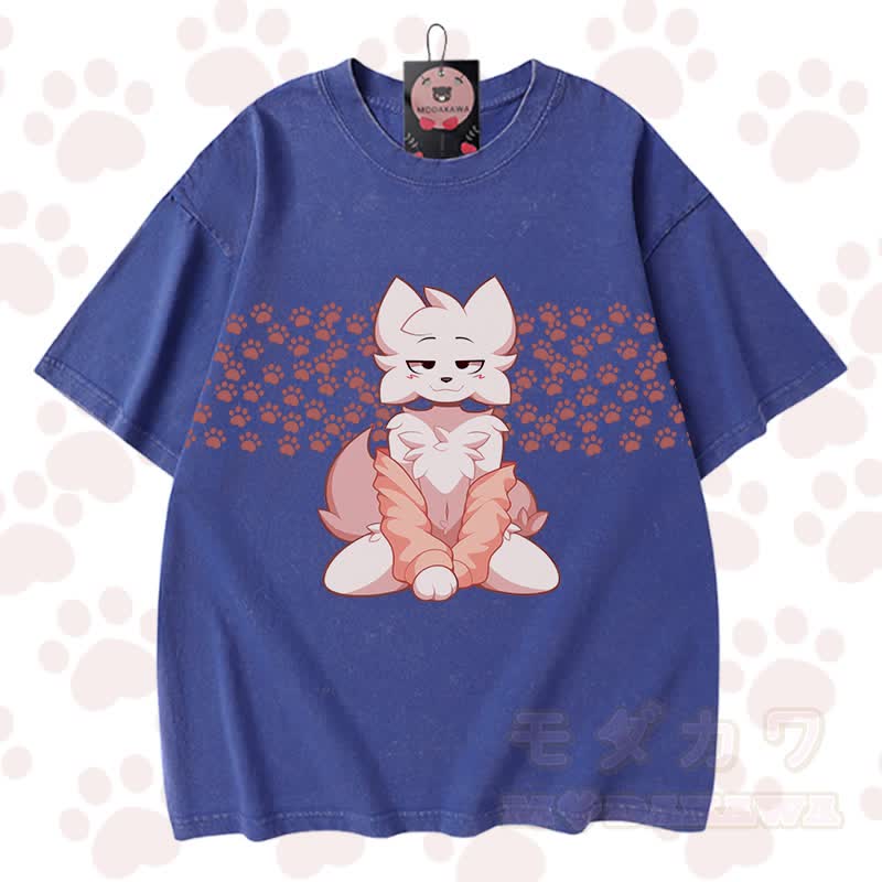 MODAKAWA X zarckets Chic Anime Fox Graphic Vintage Washed 100% Cotton T-Shirt - Blau - 3XL - image 8