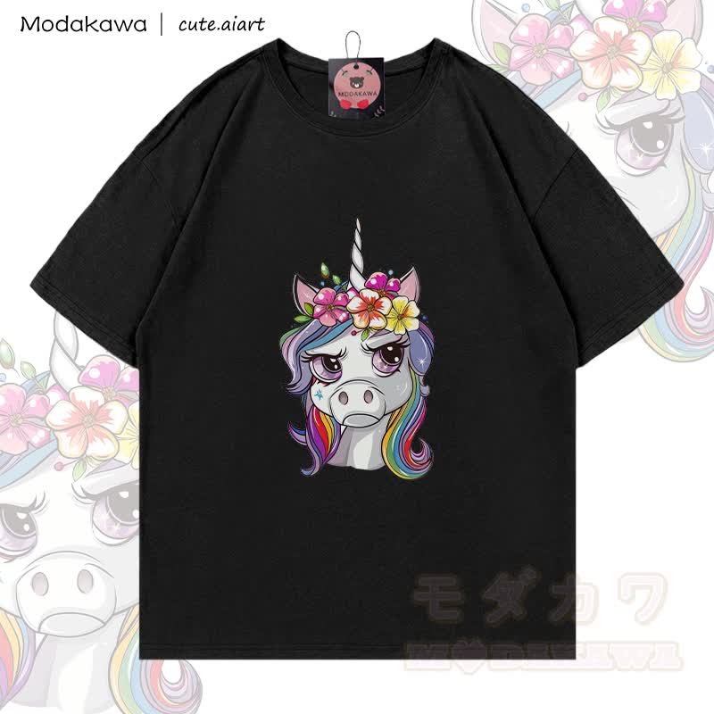 MODAKAWA X cute.aiart Einhorn-Grafik T-Shirt aus 100 % Baumwolle - Schwarz - 5XL - image 3