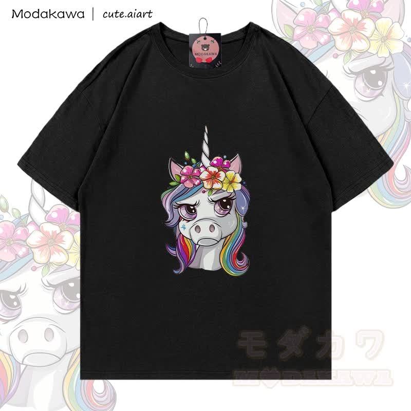 MODAKAWA X cute.aiart Einhorn-Grafik T-Shirt aus 100 % Baumwolle - Schwarz - 5XL - image 3