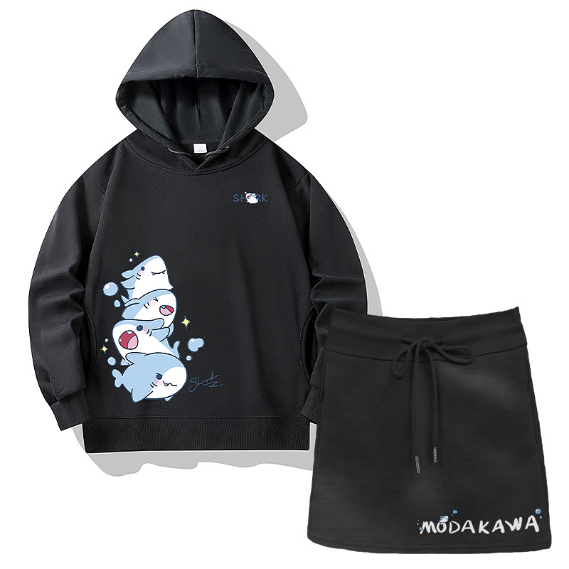 Zweiteiliges Set: Hoodie mit Hai-Motiv, Seitentaschen und A-Linien-Rock mit Kordelzug - Black - 2XL - image 2